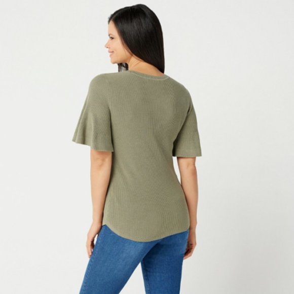 NWT ISAAC MIZRAHI FLOUNCE SHORT SLEEVE SWEATER XS - Picture 2 of 14